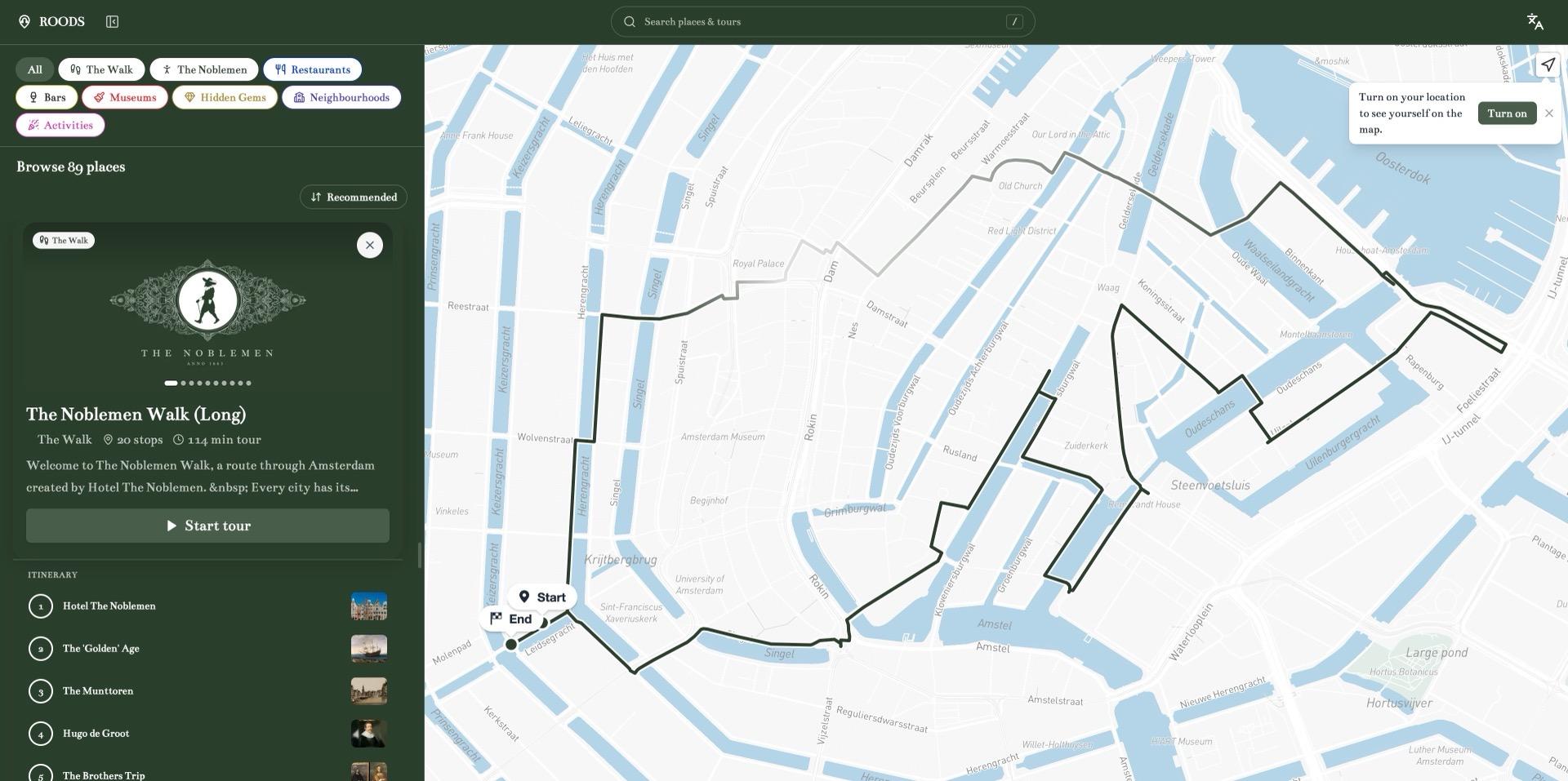 The Noblemen Walk, a twenty stop route drawn across a map of central Amsterdam