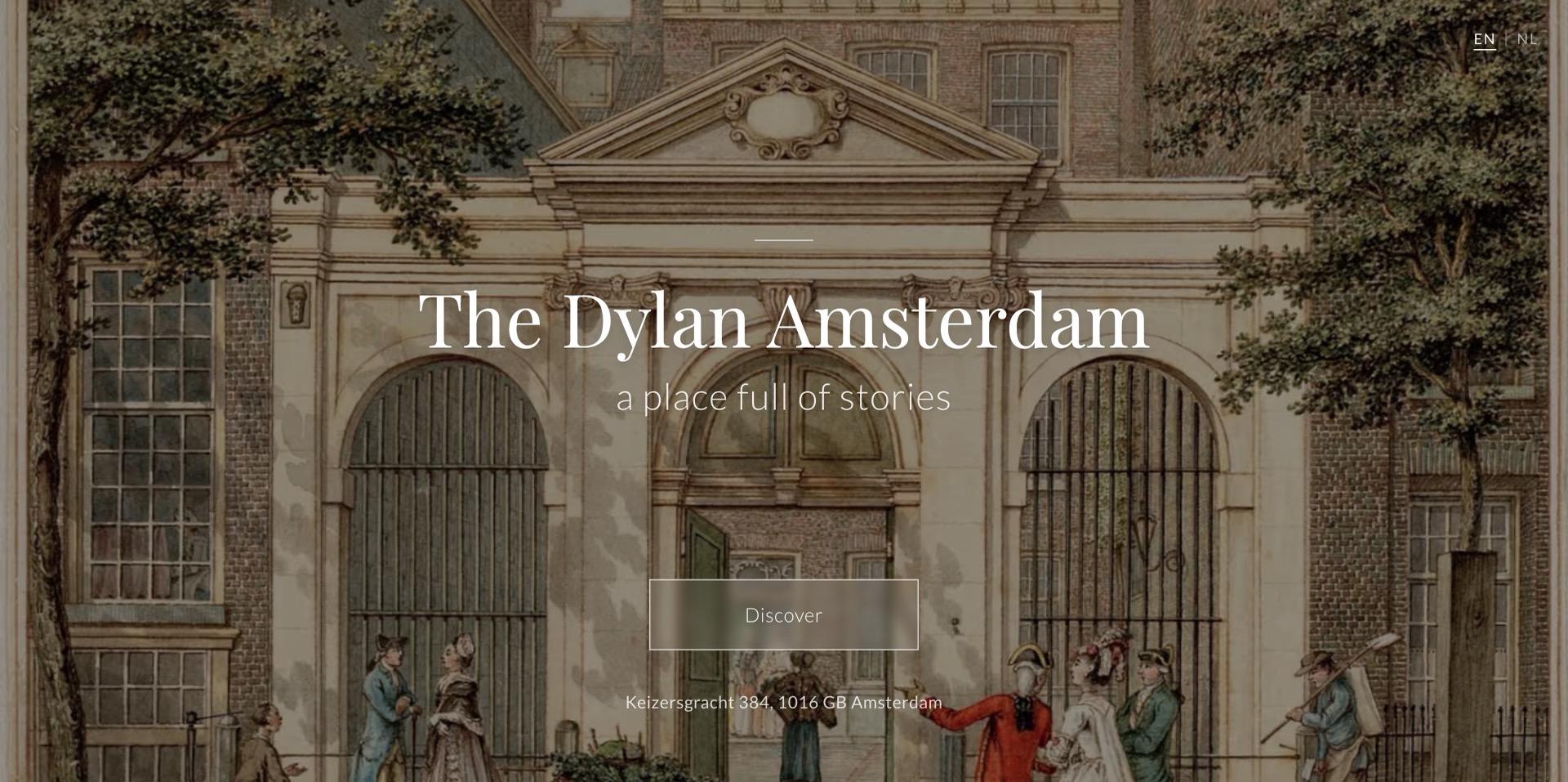The Dylan Amsterdam's own entry page, with a Discover button over an engraving of the Keizersgracht gate