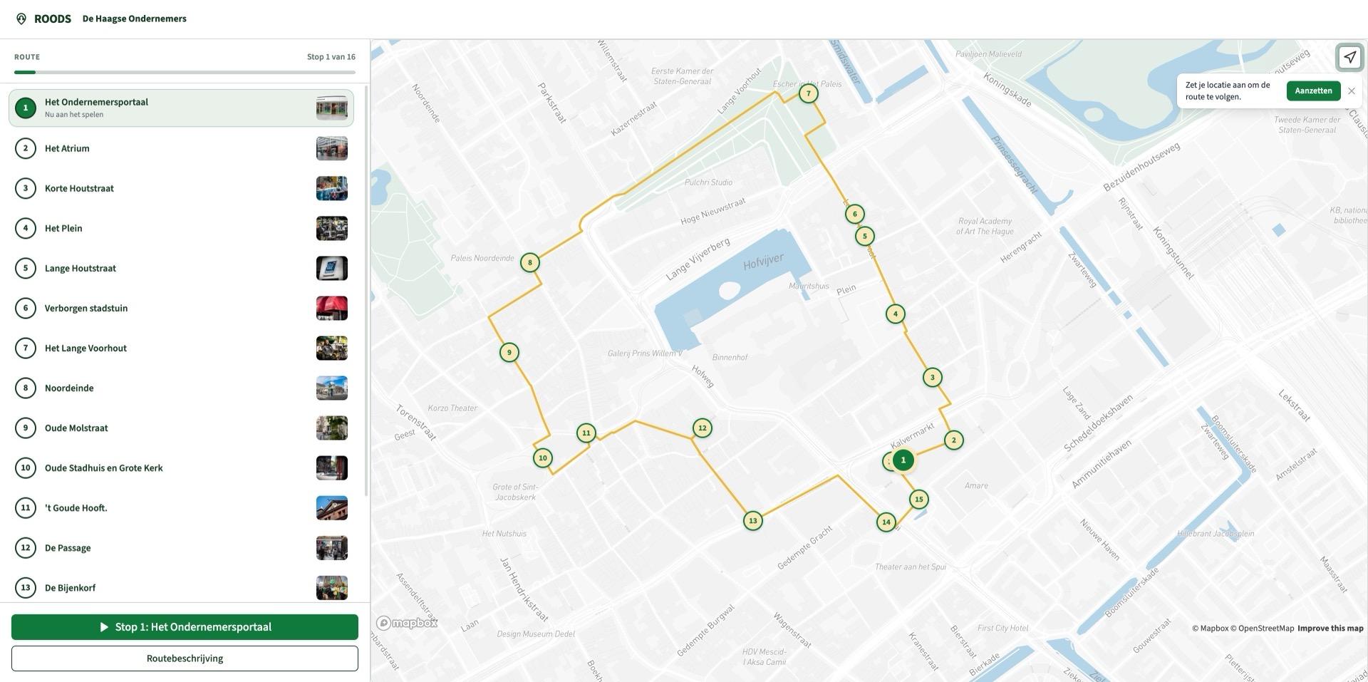 De Haagse Ondernemers, a sixteen stop route drawn across a map of central The Hague