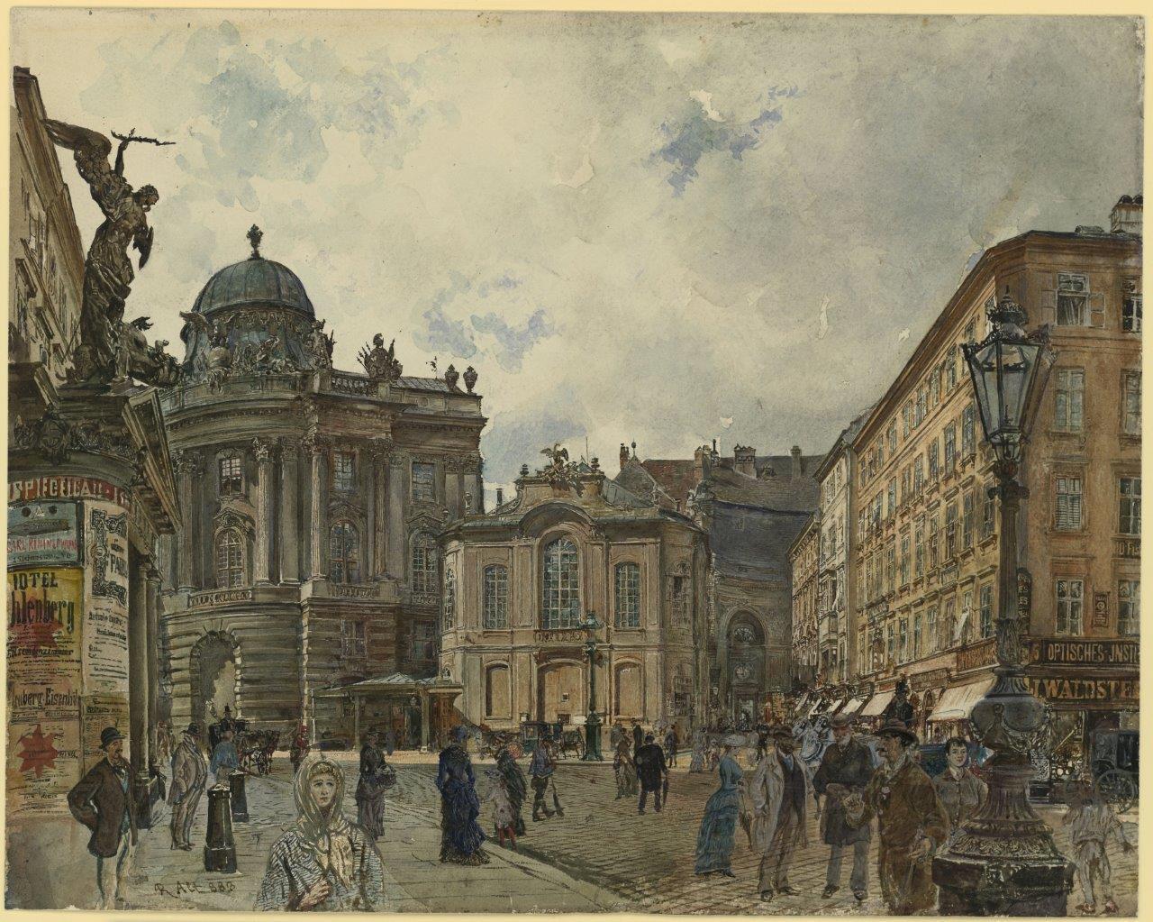 Painted view of Michaelerplatz in Vienna in 1888 with carriages on the square