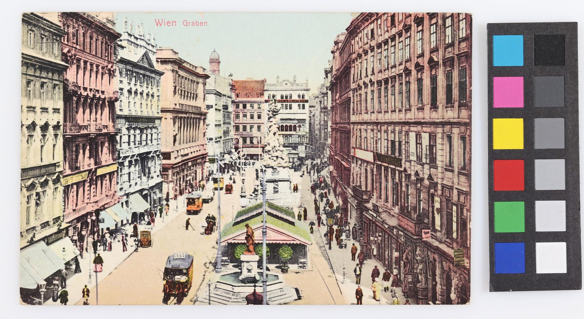 Colour postcard of the Graben in Vienna looking towards the Kohlmarkt, with the plague column
