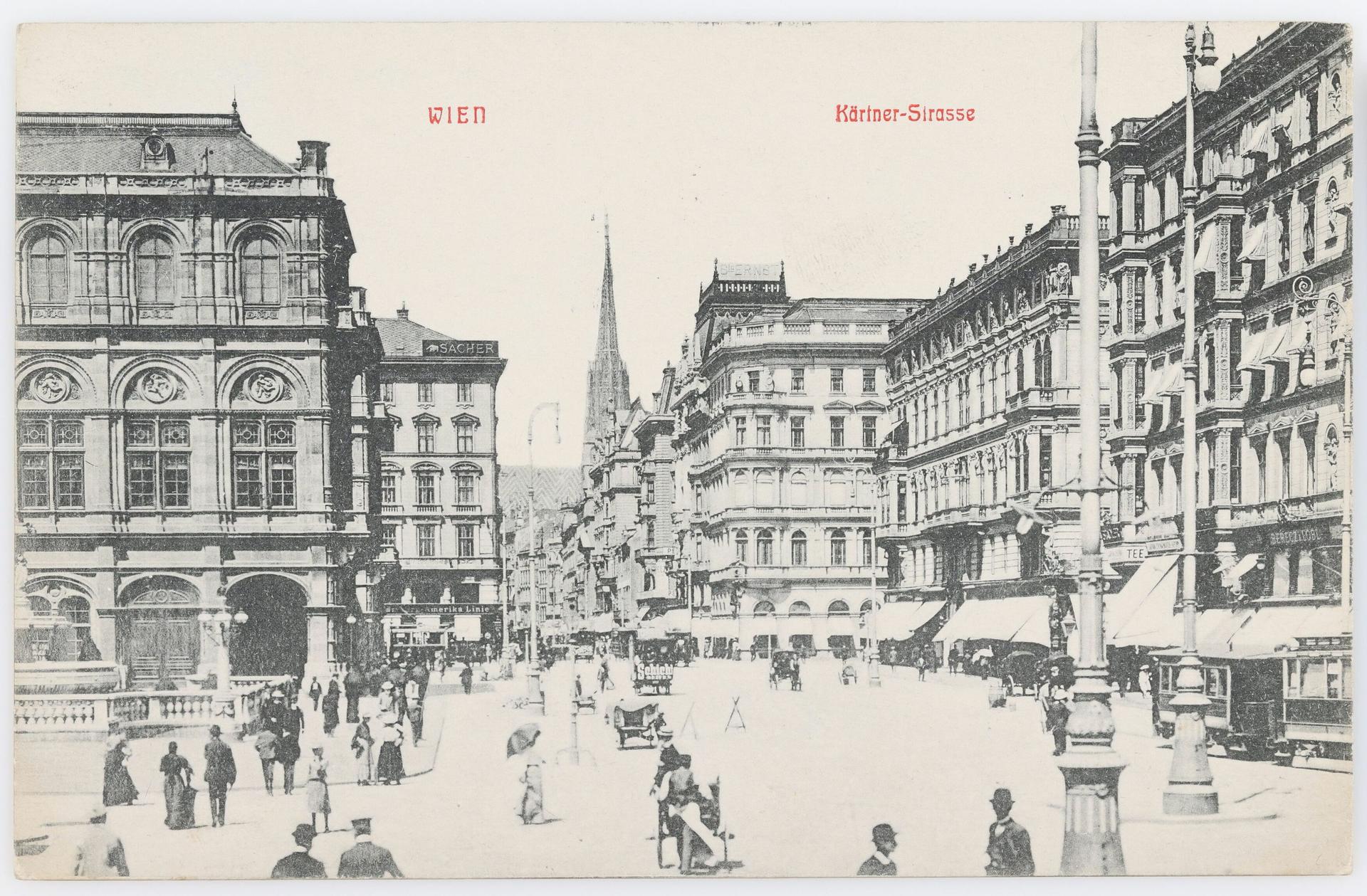 Old postcard of the Kärntner Straße in Vienna looking towards St Stephen's Cathedral
