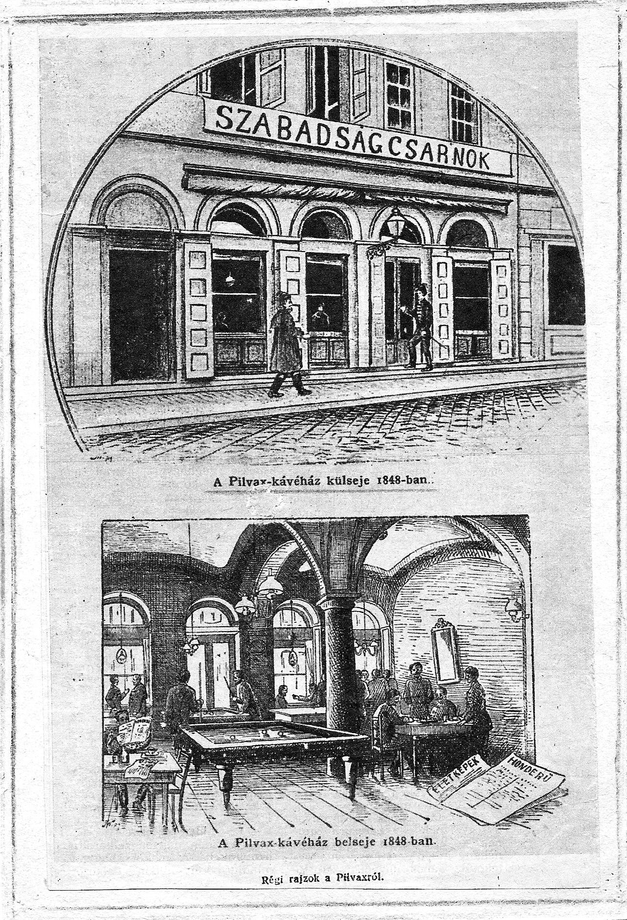 Print of the Pilvax as the Hall of Freedom, showing the facade and the interior side by side