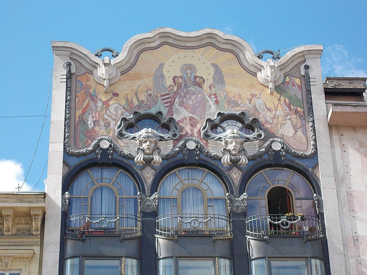 The glass mosaic in the gable, with the Virgin enthroned among angels and Hungarian historical figures