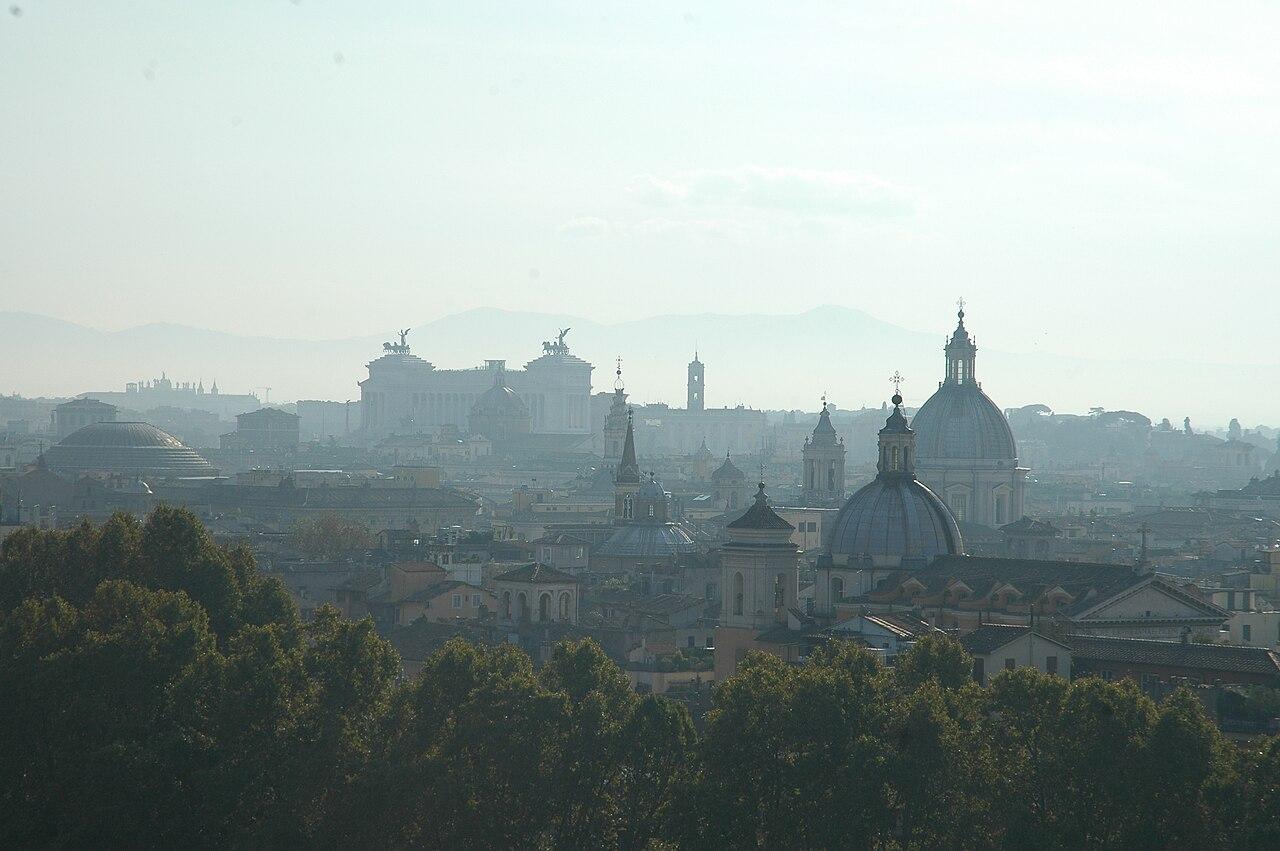 The skyline of Rome seen from Castel Sant'Angelo, with domes and the Vittoriano in the distance