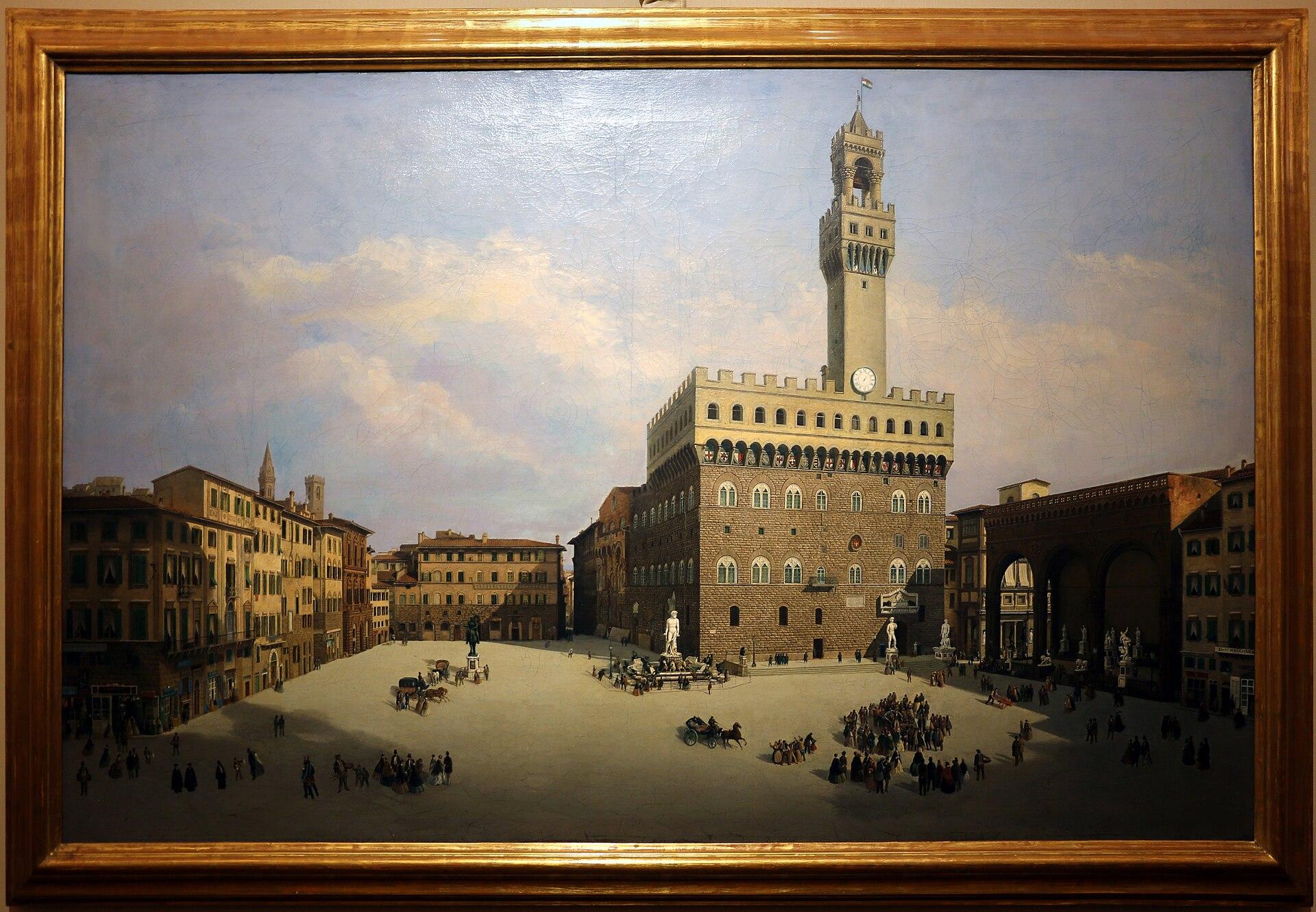 A nineteenth-century view of Piazza della Signoria with the town hall and the row of statues